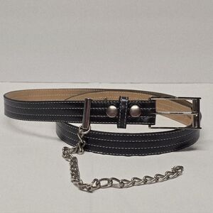 Leatherock Black Genuine Leather Belt With Keychain White Contrast Stitching 38